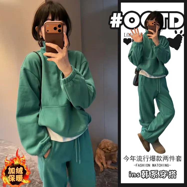 韩版气质减龄两件套女秋冬季欧美时尚运动加绒加厚卫衣高腰休闲裤