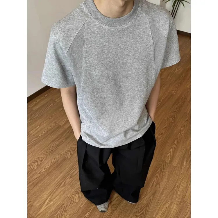 太空棉boxy拼接短袖男女生潮牌设计感小领口t恤cleanfit正肩半袖