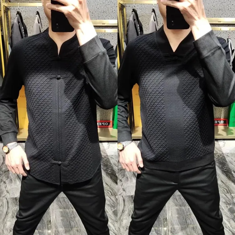 HKYC春秋新款男士高级感盘扣T恤衫修身休闲时尚潮流百搭舒适帅气