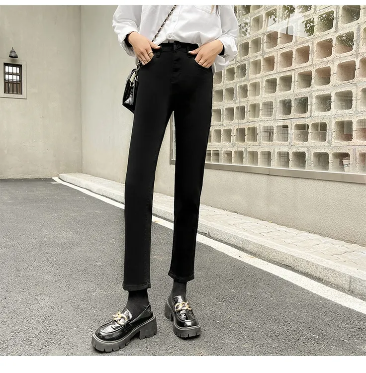 极简风女双排扣休闲水洗九分裤长裤牛仔裤常规小个子高腰毛边