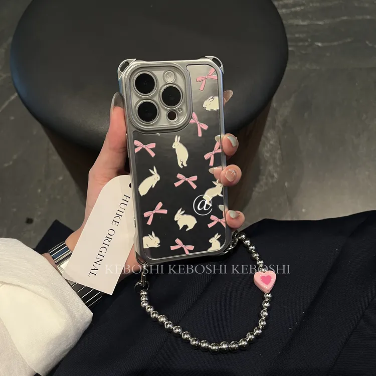镜面蝴蝶结兔兔适用苹果16手机壳iPhone/华为/vivo/小米/oppo防摔