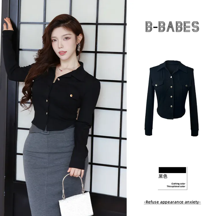 B-babes【超优比例】美式复古翻领长袖衬衫收腰设计感修身衬衣上衣
