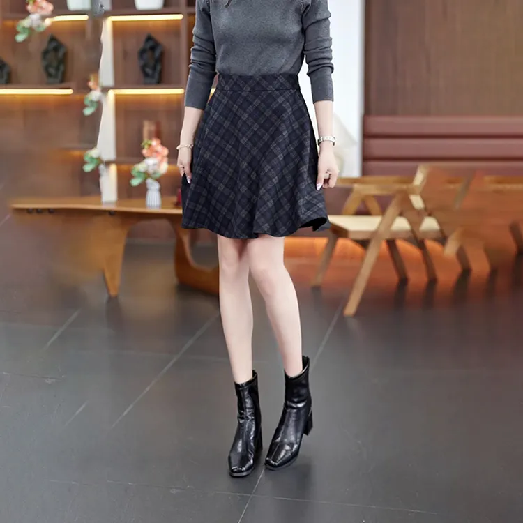 秋冬厚款A字裙格纹拉链短裙高腰显瘦半身裙防走光裙子2025新款
