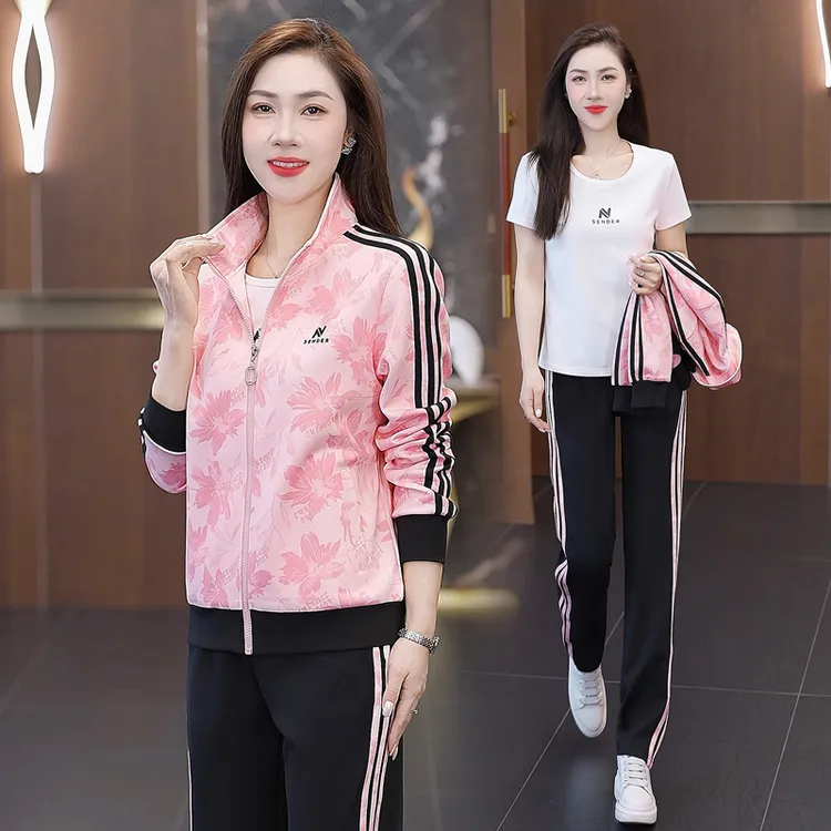 洋气印花春秋季休闲运动套装女2025新款时尚长袖开衫跑步服三件套