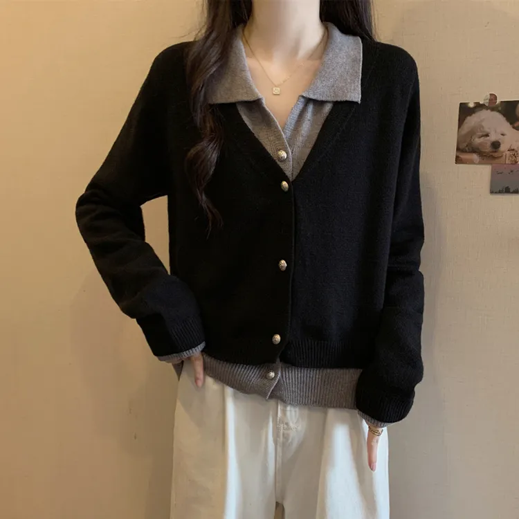 大码女装遮肚子撞色拼接假两件长袖针织衫秋冬胖妹妹显瘦减龄上衣