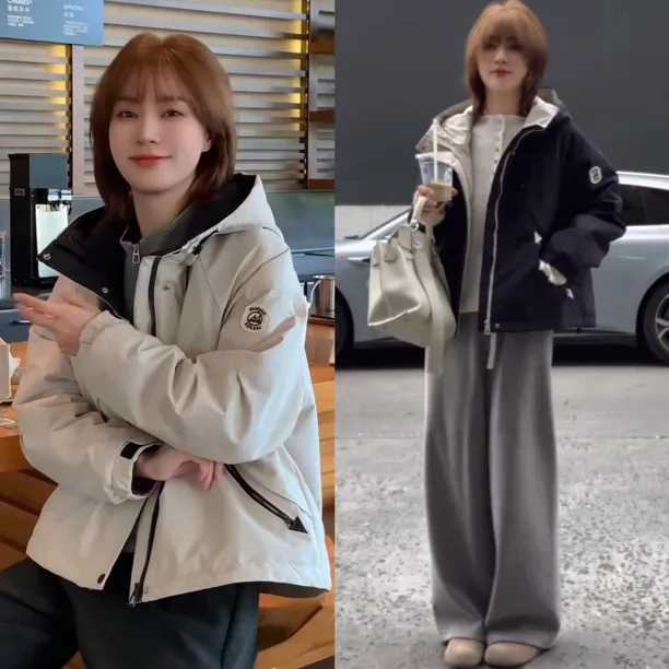 正版连帽加绒加厚冲锋衣女装2025冬季短款休闲宽松减龄保暖外套