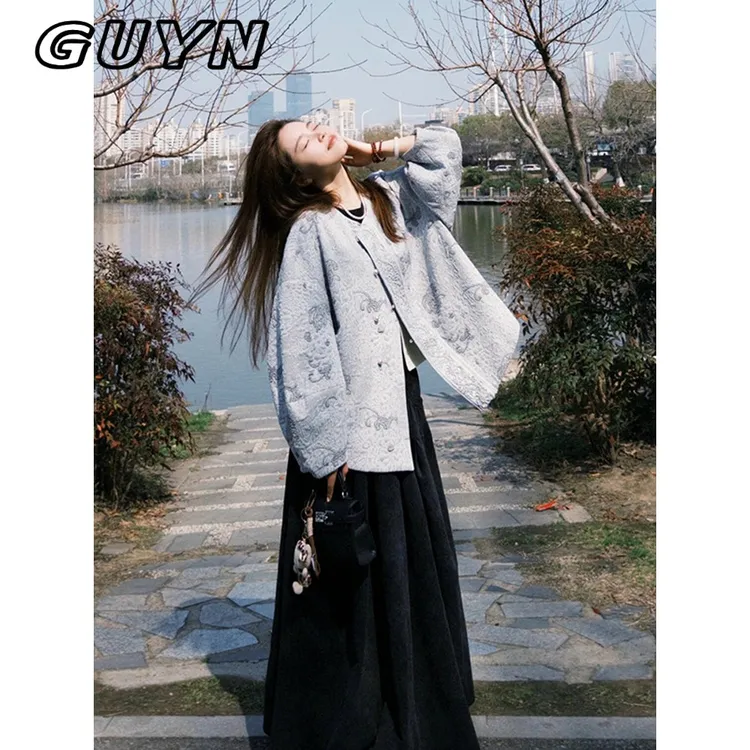 GUYN秋季流行女装新中国风民族风高端绣花夹克大码胖毫米提花上衣