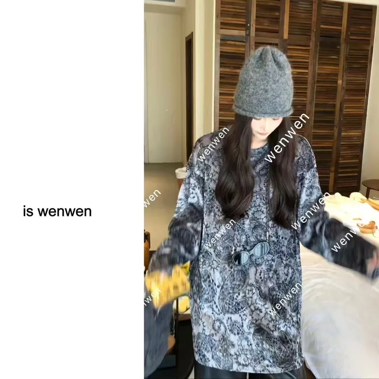 【WEN】波斯晨露 新款网红印花圆领复古百搭宽松型上衣 YS1033