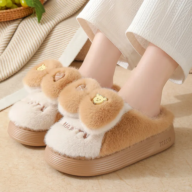 厚底EVA棉拖鞋女款室内家用可爱蝴蝶结拖鞋冬季毛绒保暖防滑轻便