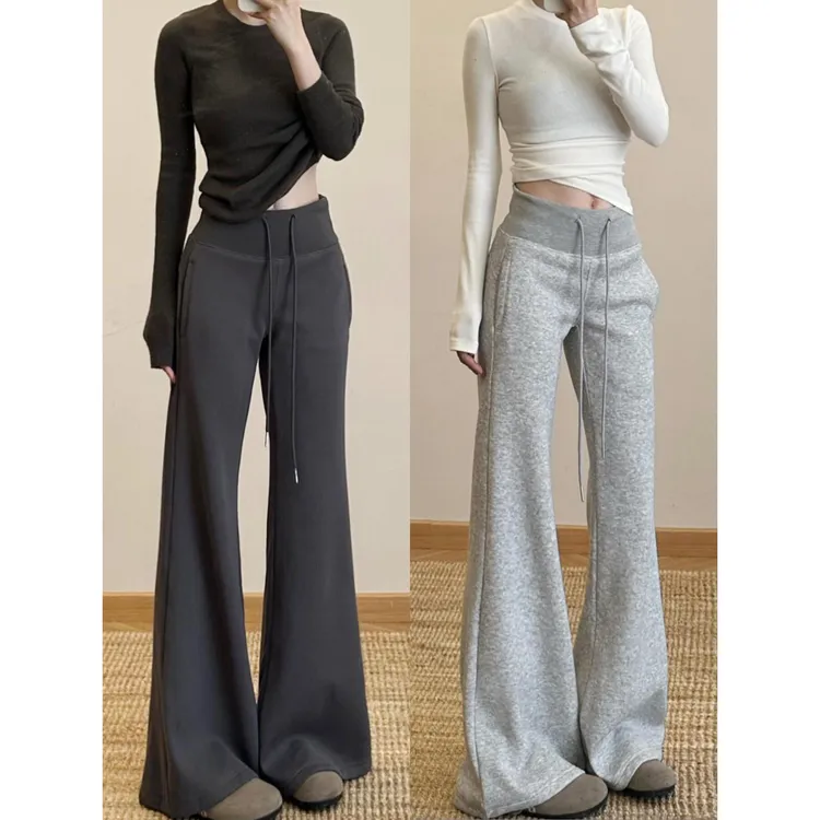 灰色辣妹微喇运动裤女秋冬2025新款加绒高腰修身垂感lulu喇叭卫裤