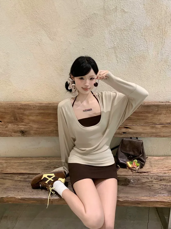 WRXS  慵懒松弛感休闲套装早秋长袖T恤女吊带内搭包臀短裙三件套