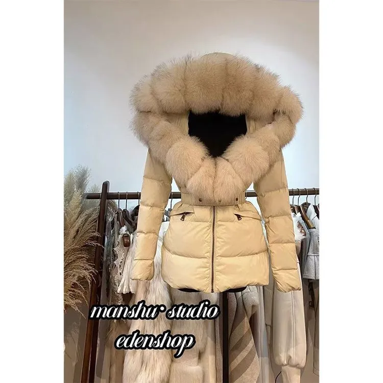 大毛领新款羽绒服显瘦冬季腰带收腰短款修身加厚外套