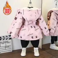 男童秋冬新款韩版加绒加厚连帽外套女童收腰花边兔子满印风衣棉服
