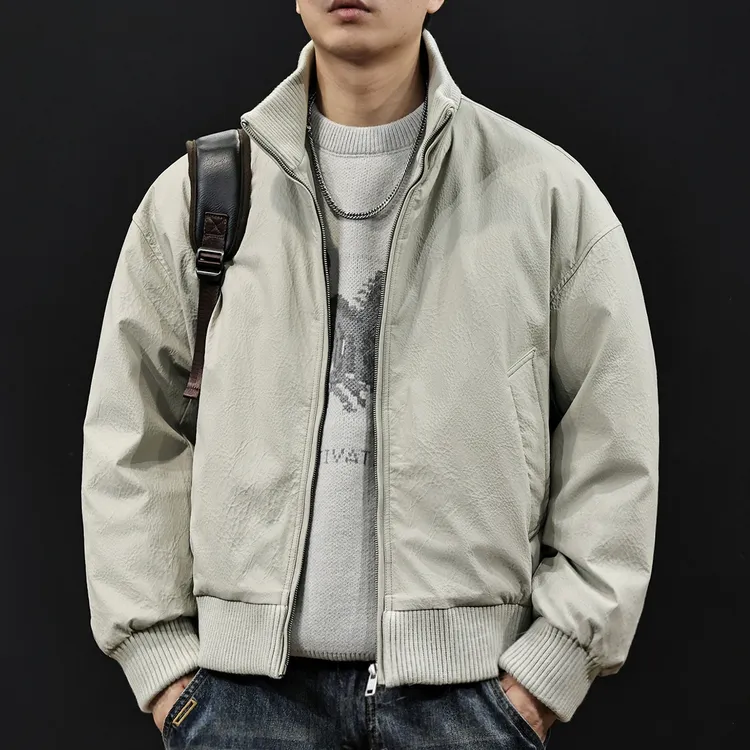 MR.MUDI/穆迪先生哈密瓜纹理皮料简约休闲风立领短款羽绒服男外套