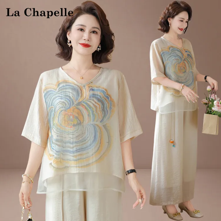 拉夏贝尔妈妈夏装小衫50-60岁高档套装2025新款中老年女装两件套