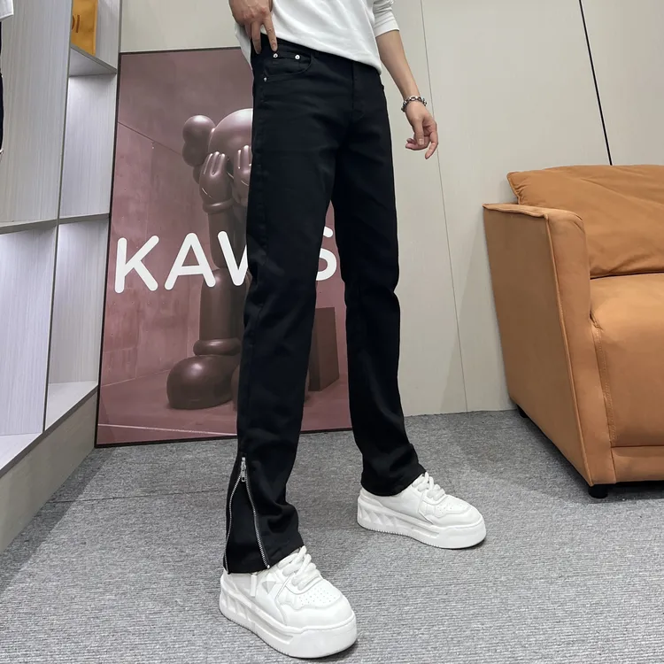 秋季新款男士爆款高端防褪色美式高街潮牌侧拉链休闲小直筒牛仔裤