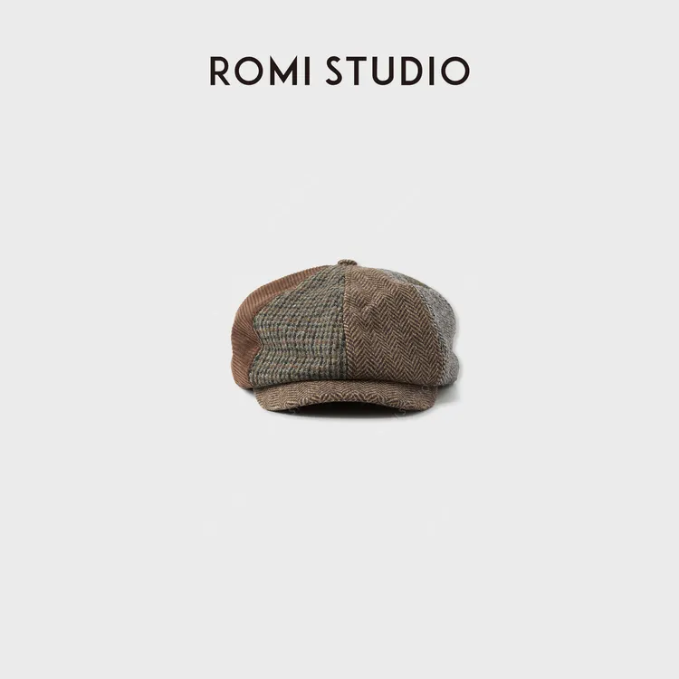 ROMI STUDIO“隐贵绅士”千鸟格纹羊毛花纱英伦八角贝帽RWCWP36509