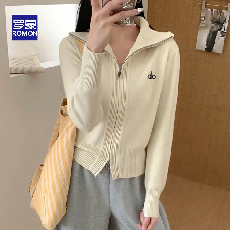 高领毛衣女外套秋冬季新款宽松显瘦长袖上衣刺绣双拉链开衫针织衫