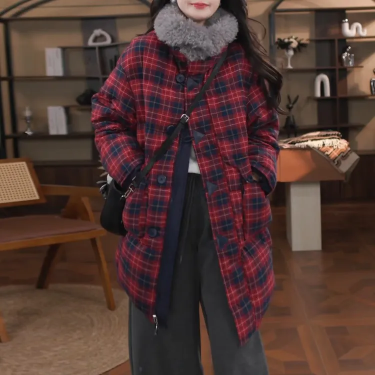 【撞色格子】2025冬季新款时尚潮流设计款格子毛毛领棉服双面穿外套