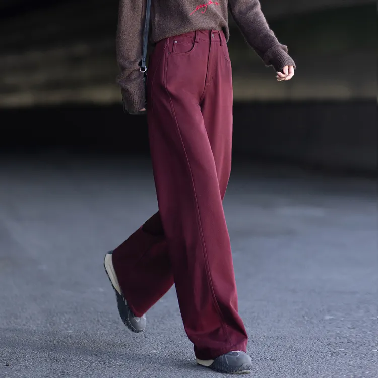 红色加绒牛仔裤女款爆款2025新款秋冬直筒窄版阔腿裤高腰百搭长裤