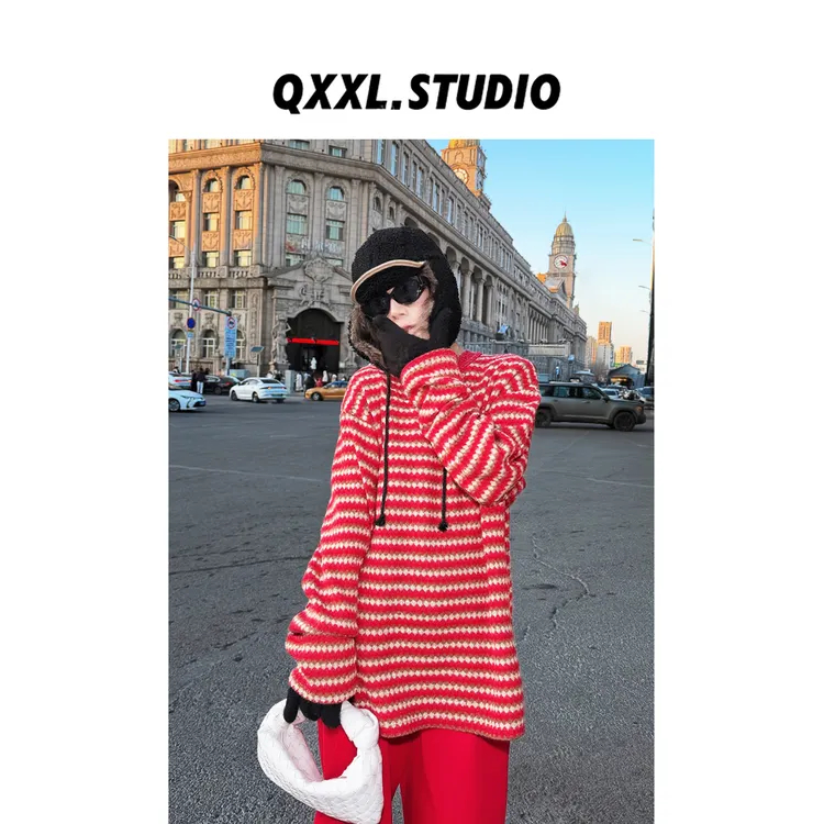 邱小小丽呀 冬季新款圆领小菱格条纹针织衫百搭显瘦套头长袖上衣