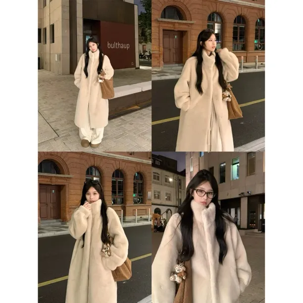 海宁皮革城冬新款貂绒加厚外套韩版立领女时尚百搭韩版毛毛大衣