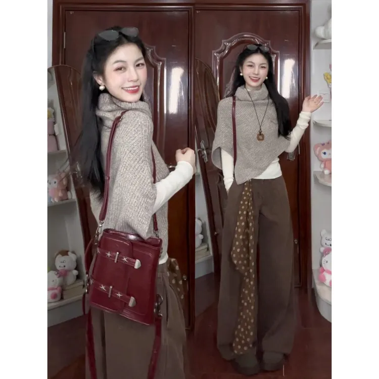 MARIE.COCO秋季新款不规则开叉高领斗篷套头毛衣打底衫休闲裤套装