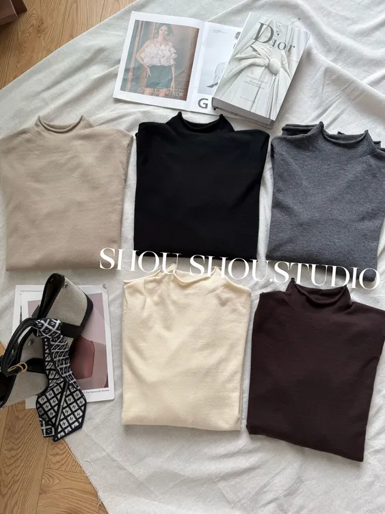 【瘦瘦】大码羊毛立领卷边正肩长袖宽松打底休闲百搭针织打底S02131