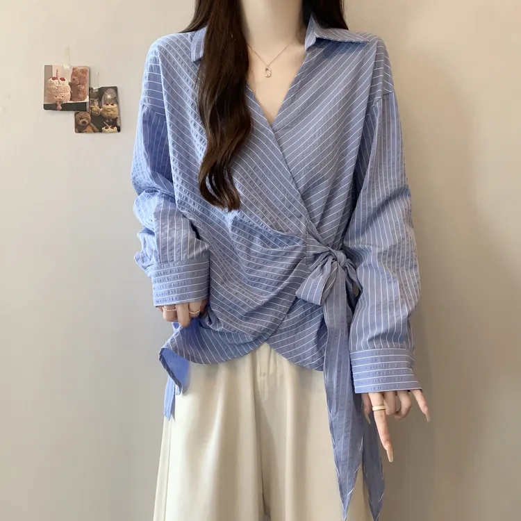 2025早秋季新款不规则条纹长袖衬衫大码女装胖mm收腰系带遮肚上衣