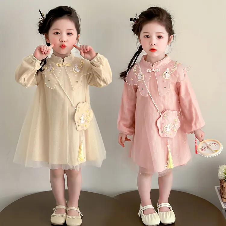 女童连衣裙春秋新款儿童新中式网纱裙子宝宝秋装旗袍中国风公主裙