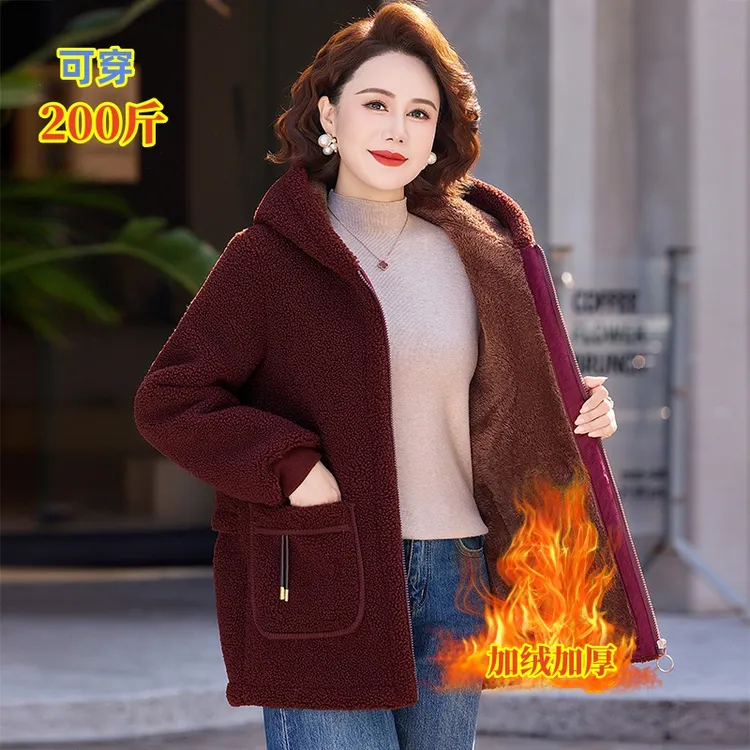 中老年妈妈冬装加绒加厚颗粒绒棉衣加肥大码女棉服羊羔绒棉袄外套