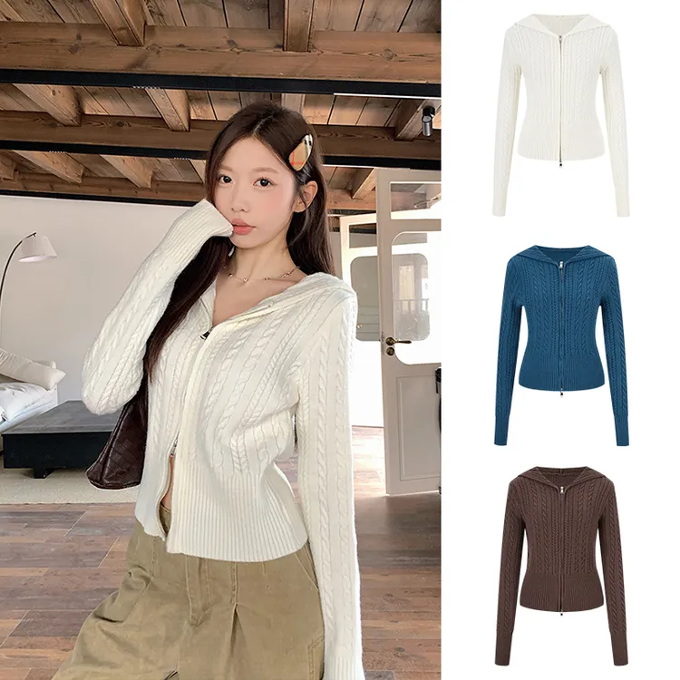 Moses Queen/魔西女王法式麻花连帽针织衫双拉链百搭气质毛衣外套