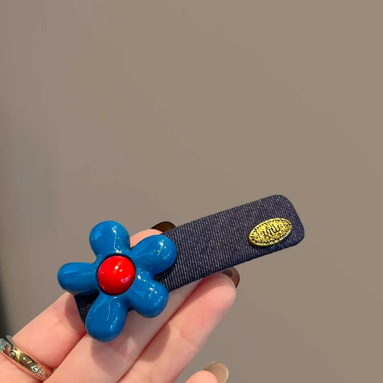 韩系新款牛仔蓝花朵小金标BB夹无痕不伤发刘海侧边掰掰夹发夹头饰