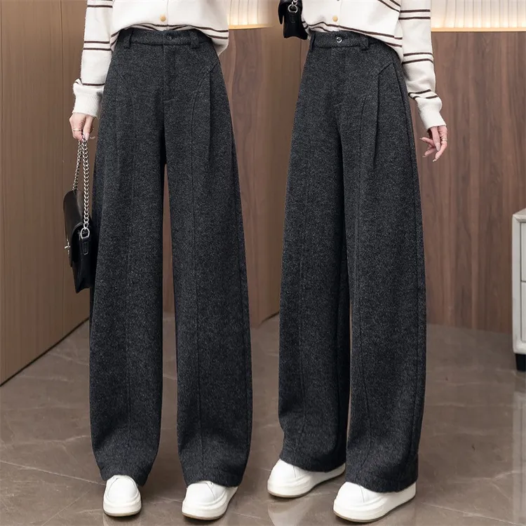 高腰毛呢阔腿裤女冬季加绒加厚2025新款宽松显瘦垂感弯刀裤休闲裤