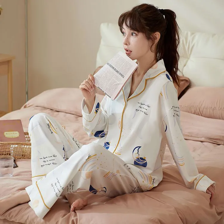 2025春季上新星空简约风睡衣女春秋款棉质长袖休闲宽松家居服套装