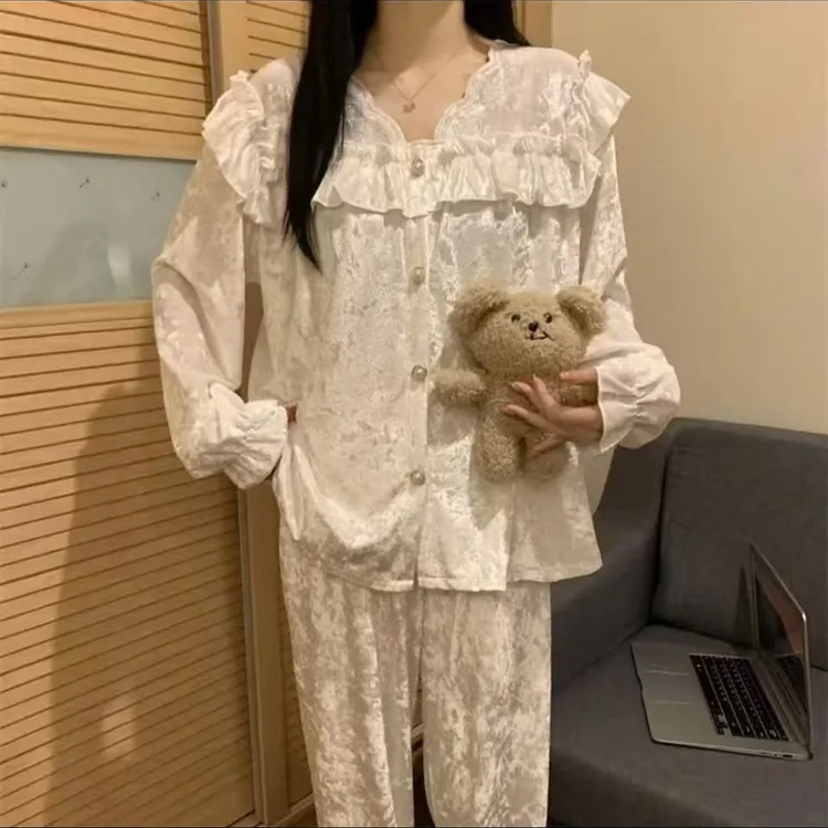 高级感轻奢蕾丝花边开衫少女睡衣套装金丝绒舒适亲肤休闲家居服E