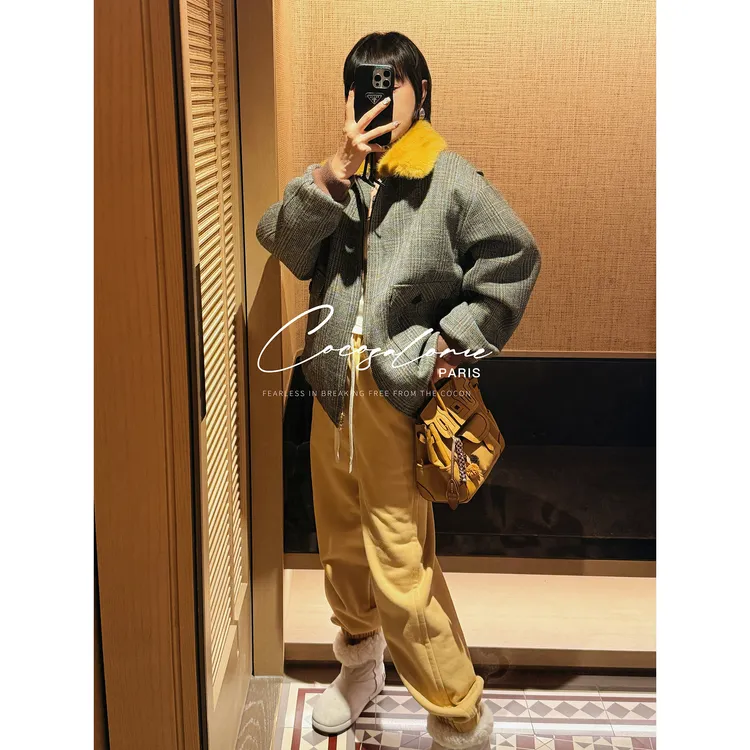 韩彬彬"巴恩少女"绵羊毛千鸟格拼接毛领巴恩风时尚女装外套3360-8