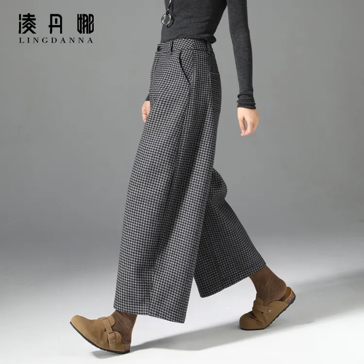 高腰九分毛呢阔腿裤女秋冬新款千鸟格加绒裤子休闲直筒宽松格子裤