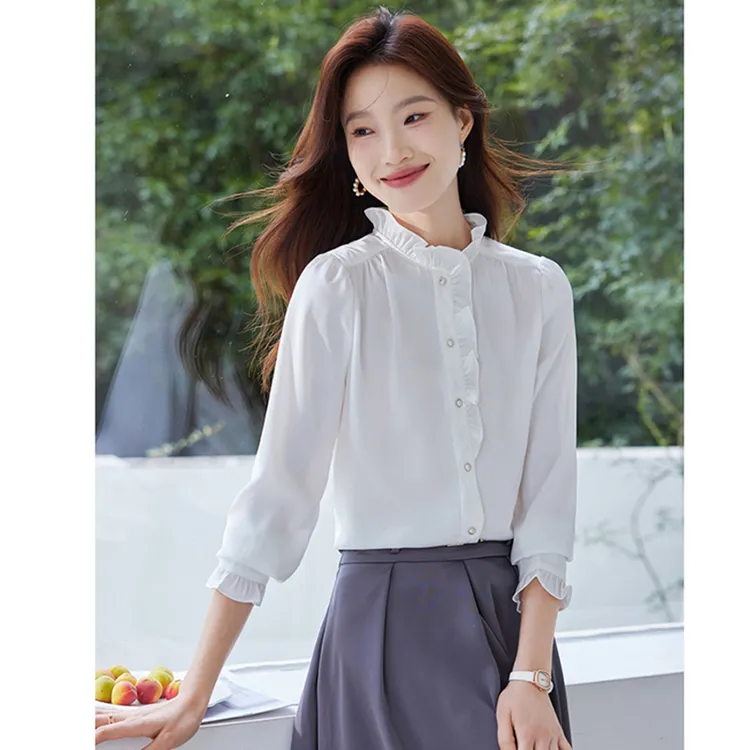 法式宫廷风木耳边立领长袖衬衫女气质设计感小众白色上衣春秋爆款