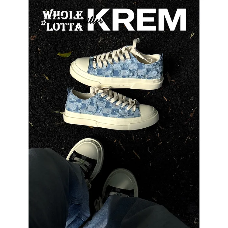 KREM新款“流苏系列”帆布鞋男格子厚底增高板鞋潮流时尚百搭休闲鞋