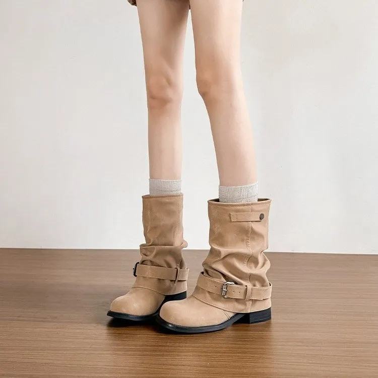 时尚百搭褶皱粗跟马丁靴女2025秋冬季新款皮带扣增高显瘦时装靴女
