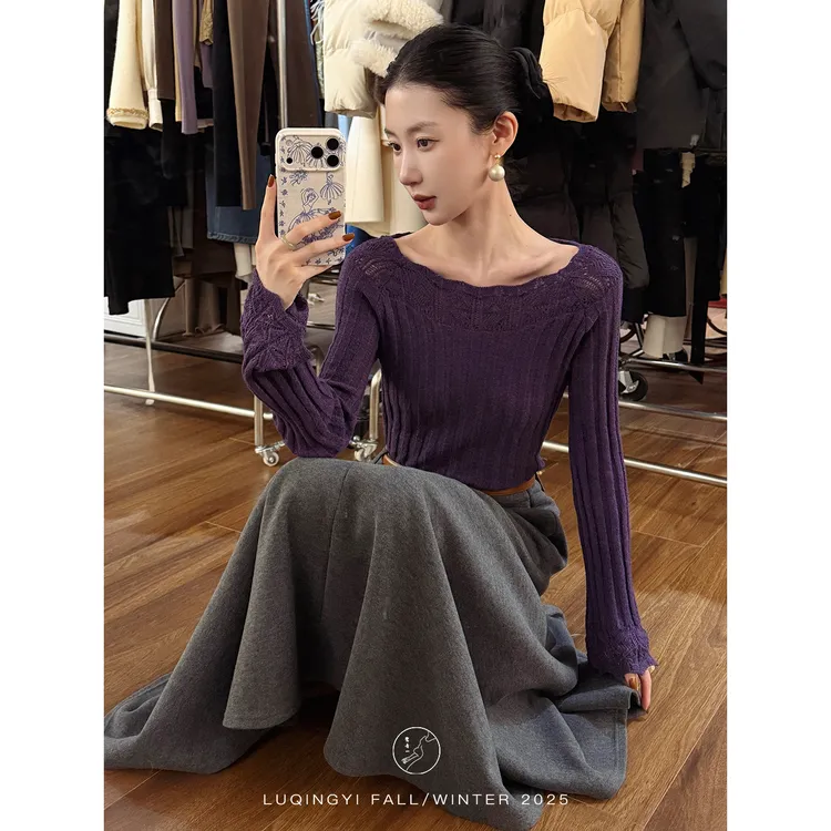 鹭青一原创【盈粉泪】法式镂空花边粗坑条修身针织衫L25M1149L