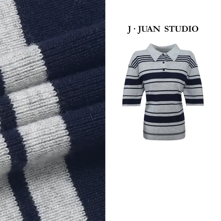 【J.Juan】航海系-秋季条纹polo中袖毛衣高个子女装蚕丝羊毛针织衫