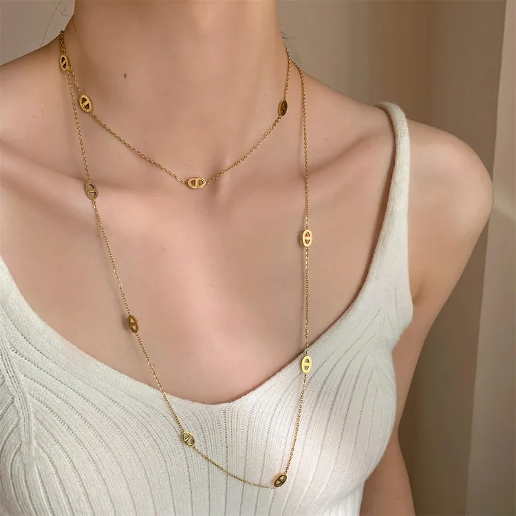 钛钢项链 多戴法欧美猪鼻子项链超长120cm小众设计叠戴毛衣链A87