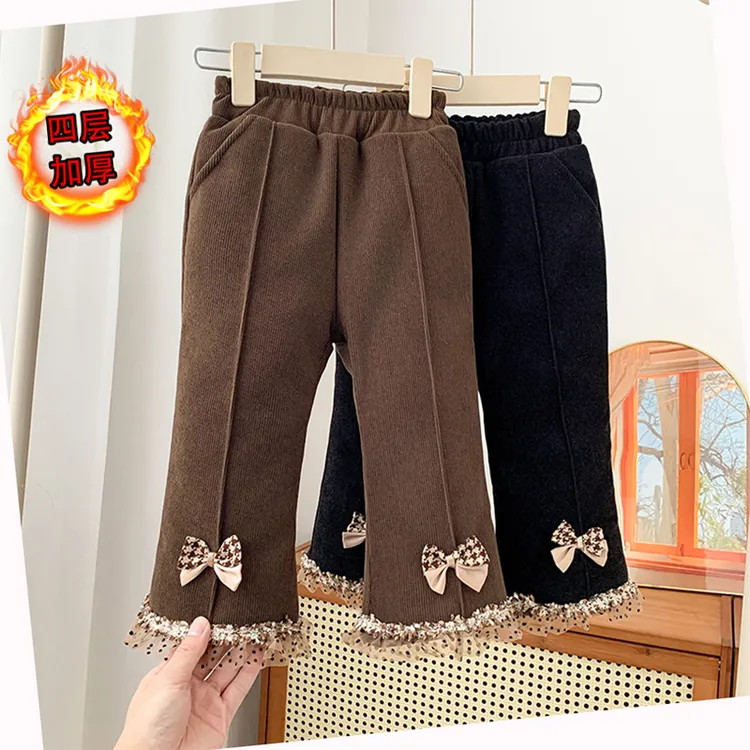 四层加厚温变2025新款女童加厚棉裤洋气花边蝴蝶结喇叭口冬季棉裤