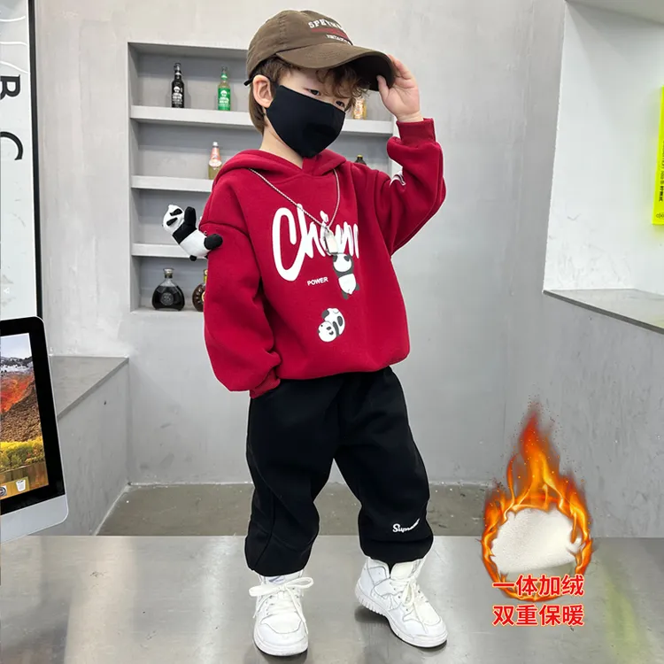 男童秋冬加绒套装2025新新款卡通立体小熊洋气时髦卫衣两件套酷帅