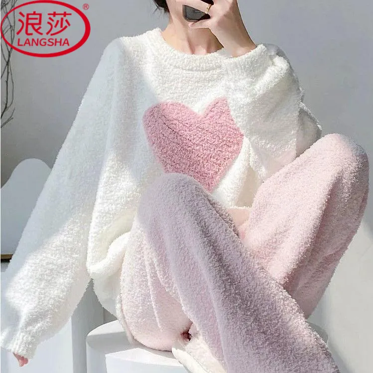 浪莎软绵绵半边绒睡衣女秋冬季加厚加绒珊瑚绒新款大码家居服套装