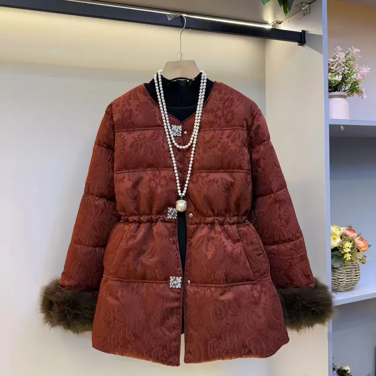 冬季新中式提花刺绣立领盘扣加棉加厚保暖宽松大码女士棉衣外套