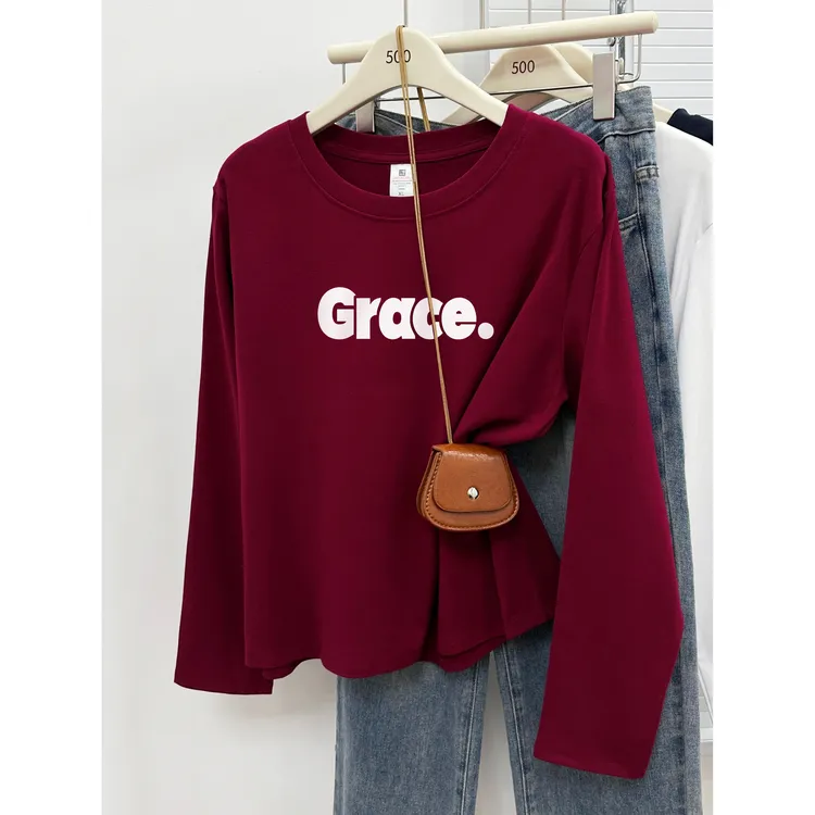 胖mm大码正肩长袖t恤女秋冬季新款字母印花圆领打底衫显瘦上衣服