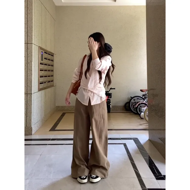 parkyeon不规则粉色衬衫长袖上衣女秋季新款高腰垂感直筒裤两件套
